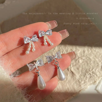 DAIIIBABYYY  -  Girls White Zircon Bow-knot Pearl Drop Earrings for Women Korean Fashion Sweet Cute Bow Stud Earring Luxury Jewelry Gift